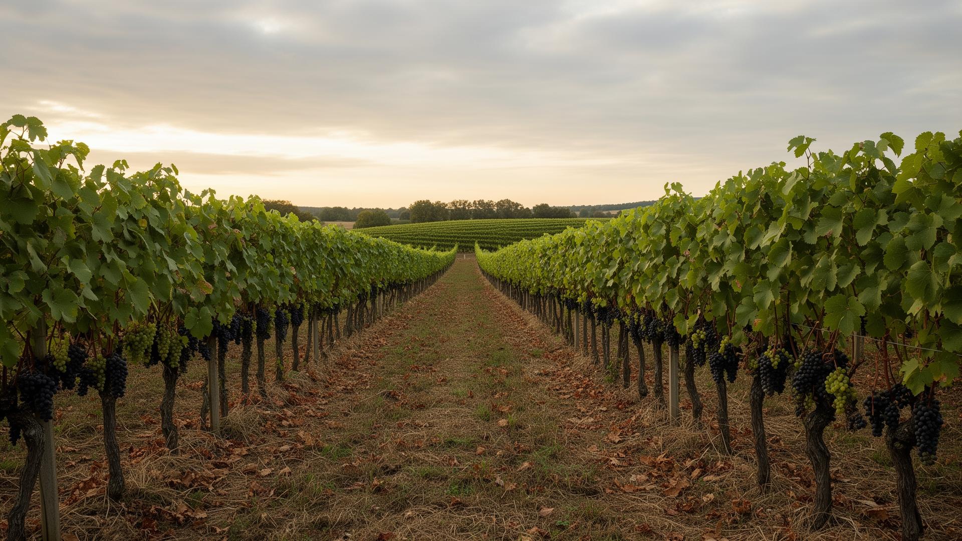 Vignoble en Champagne et Bourgogne, rangs de vignes au coucher du soleil