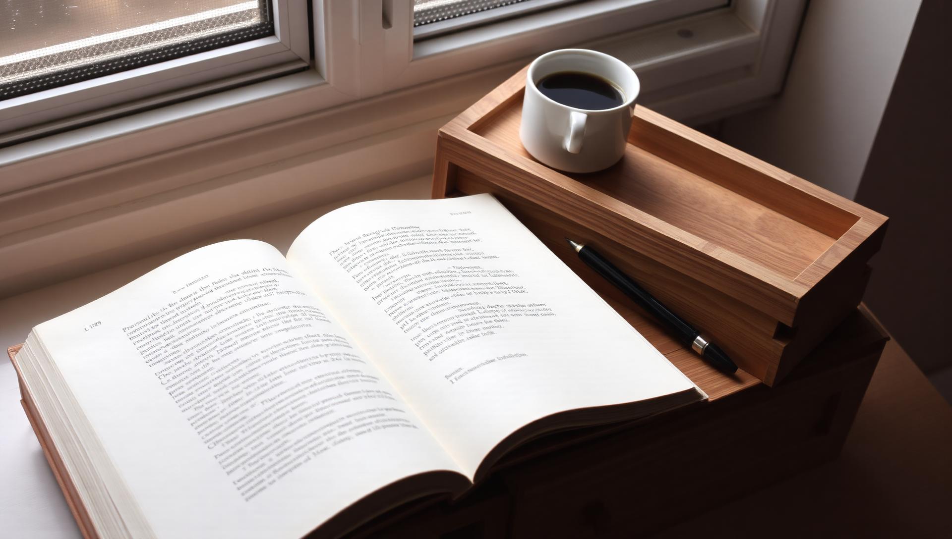 Livre ouvert et carnet de notes posés près d'une tasse de café, ambiance lecture éditoriale